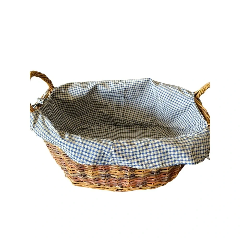 Vintage Wicker‎ Basket w/ Blue Gingham Liner Farmhouse Country Decor
